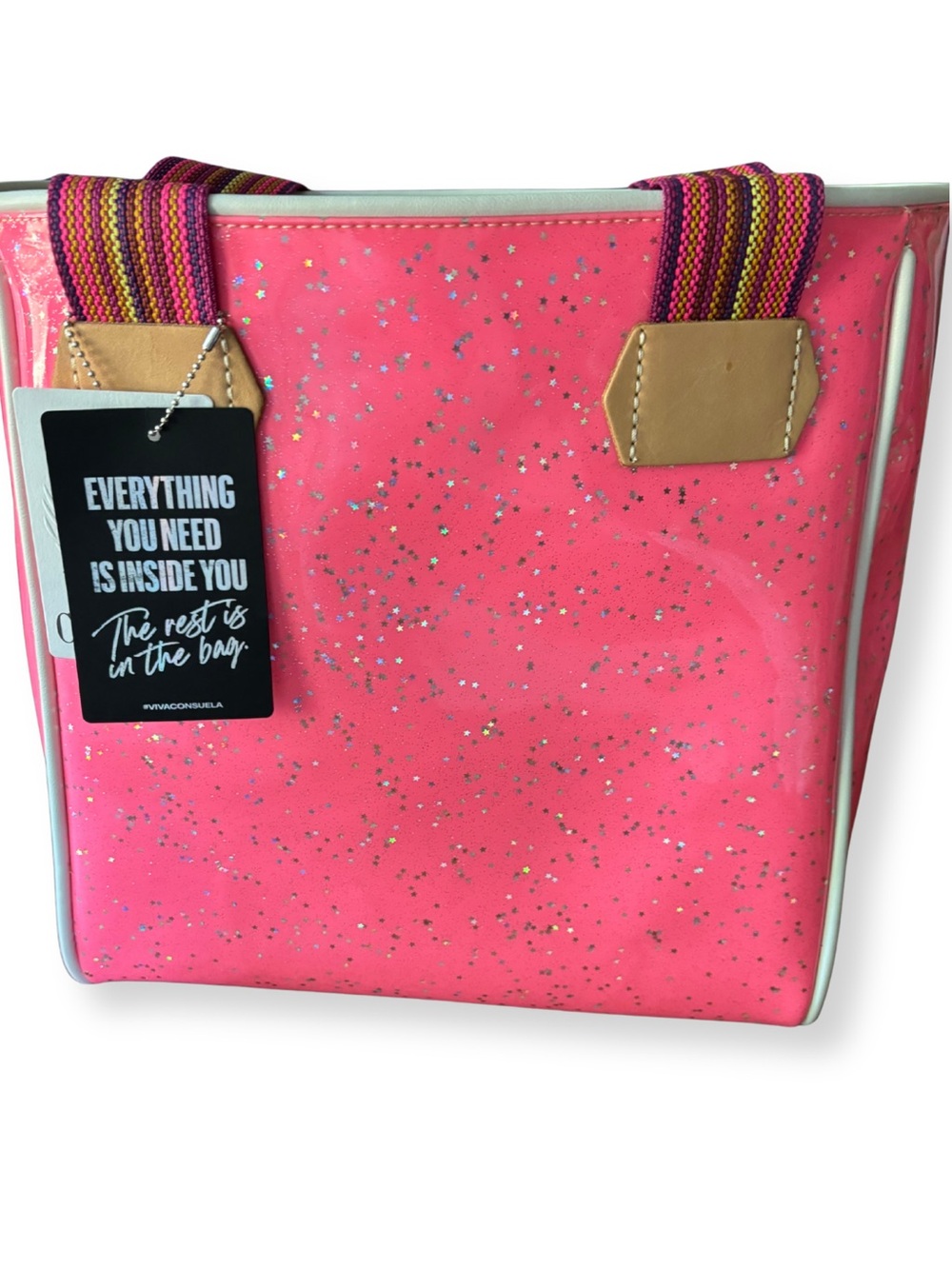 NWT Consuela Summer Classic Tote Neon Pink Star Glitter Woven Strap Bag